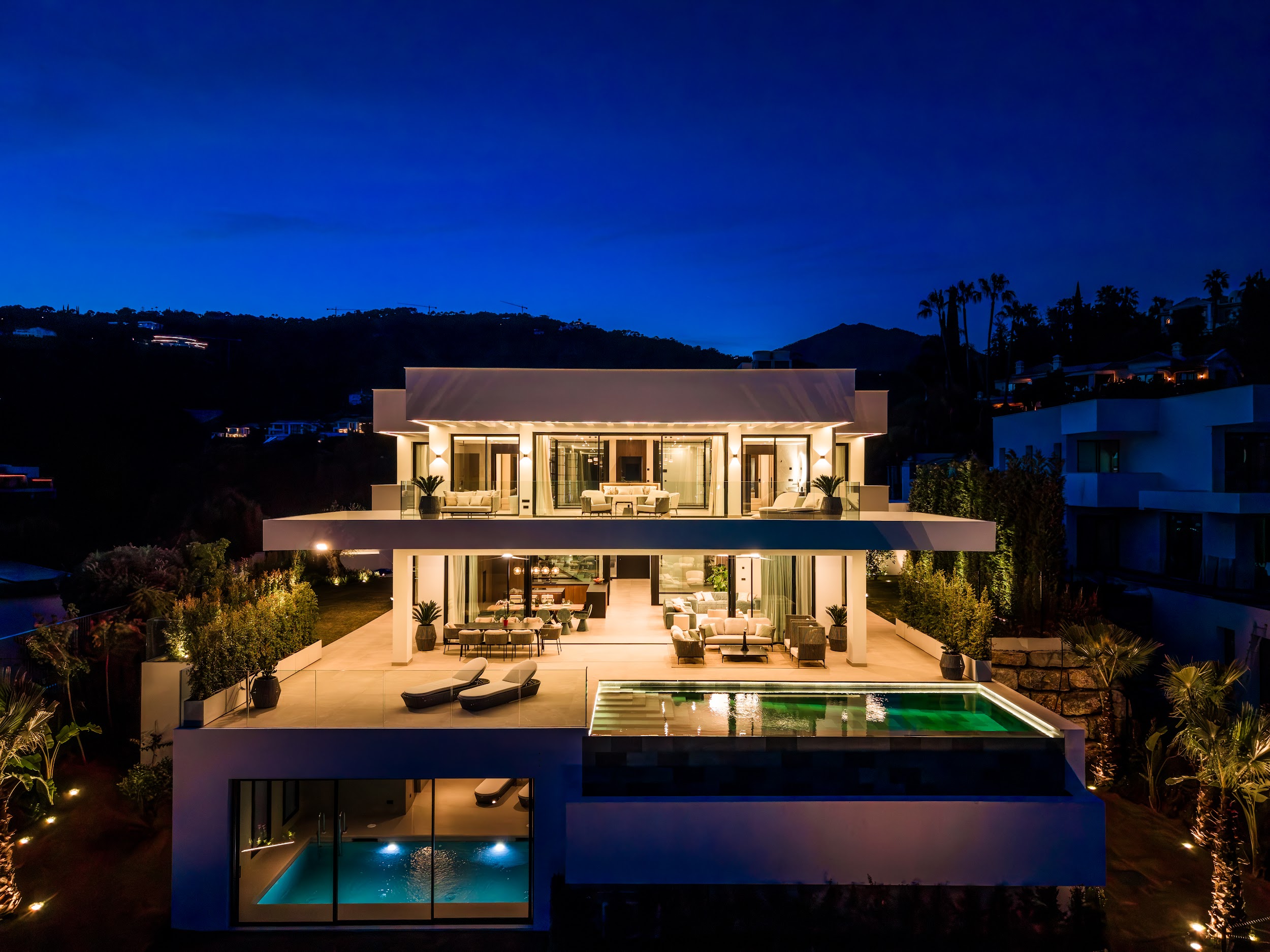 Rear facade drone at night