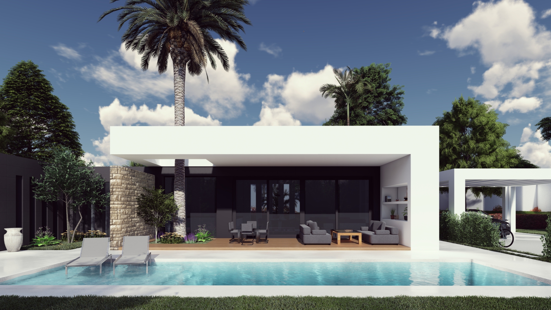 Villa en Rincón de la Victoria — render de fachada con piscina