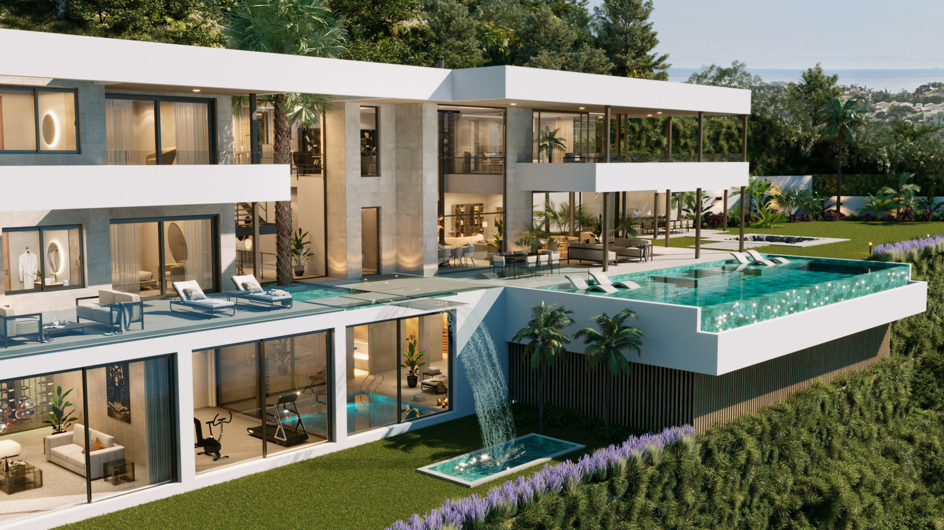 Villas El Madroñal — render de fachada con piscina, Benahavís