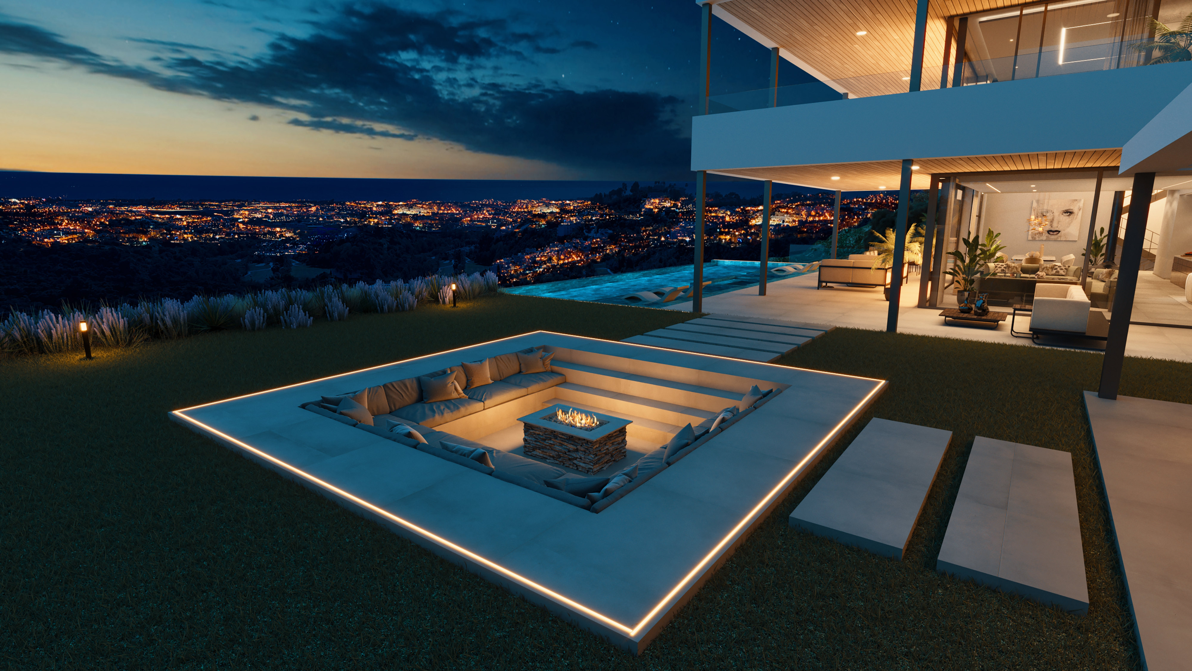 Villa Hope El Madroñal — outdoor fireplace at night