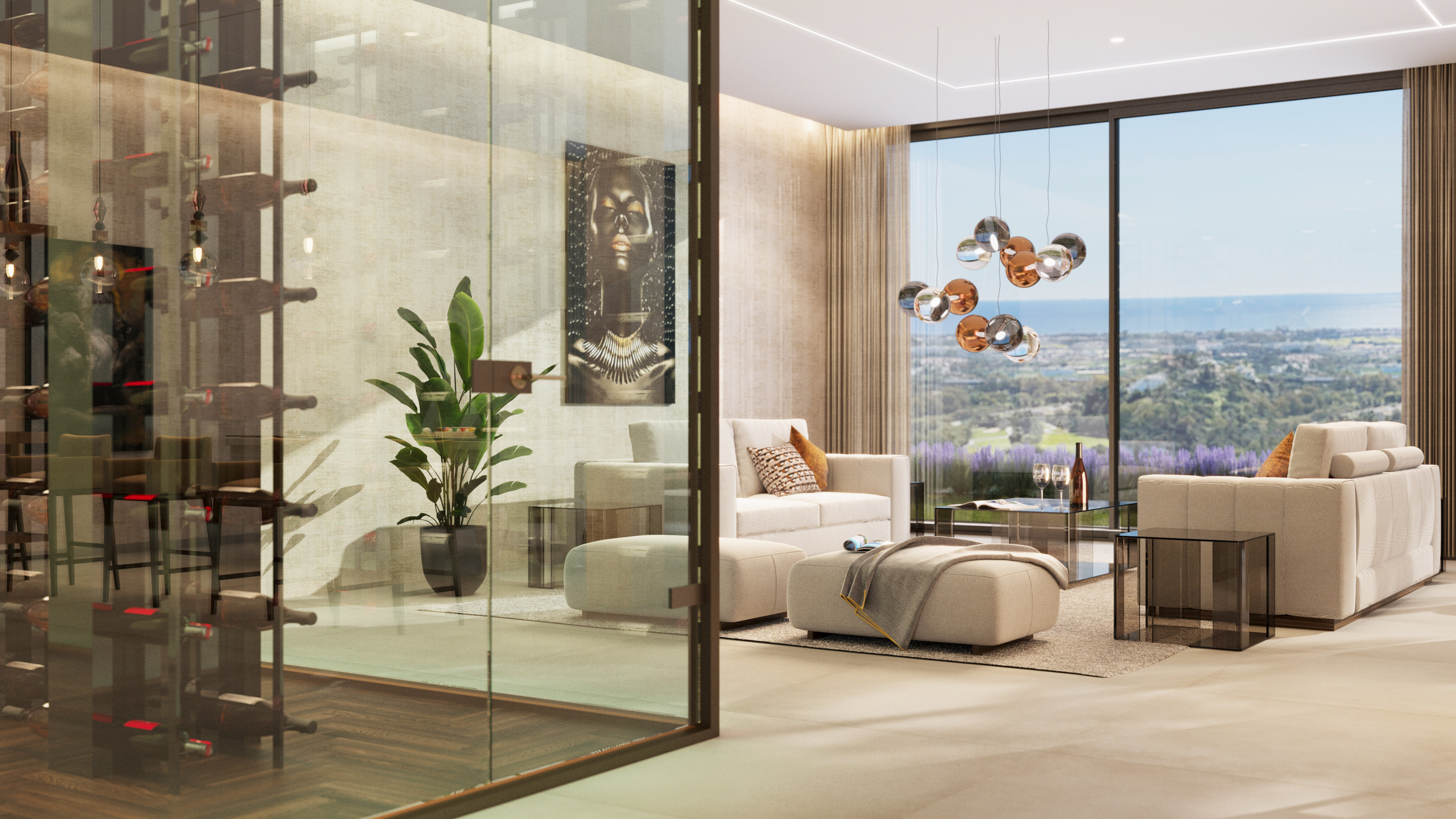 Villa Hope El Madroñal — living room with glass wine cellar