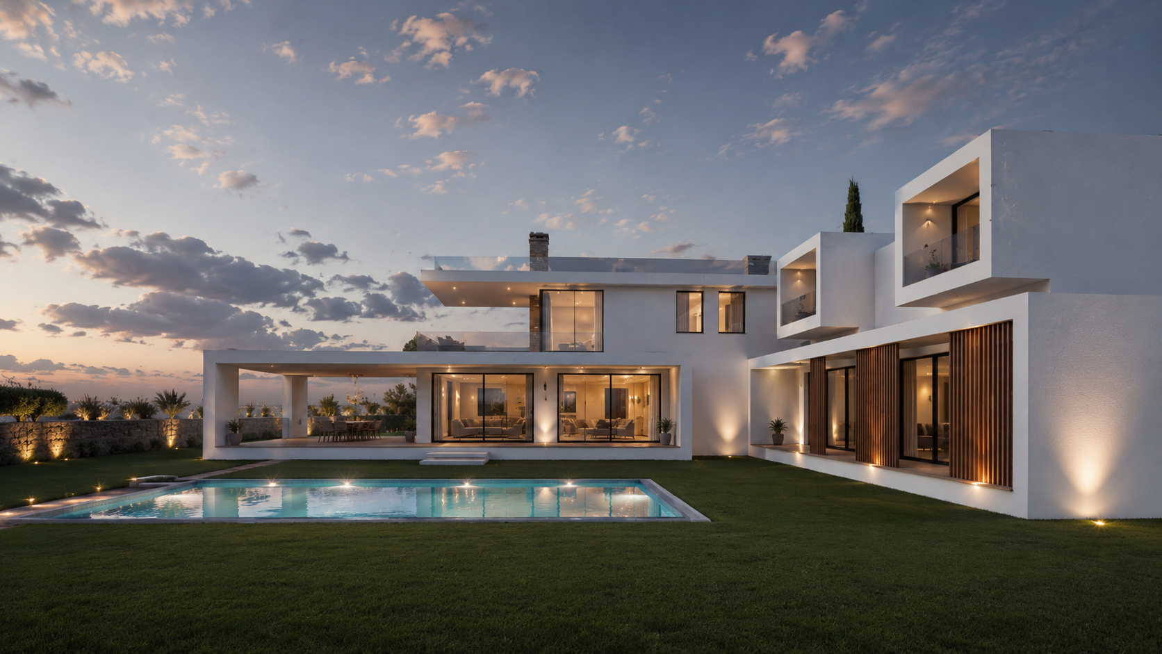 Santos Concept III — render exterior con piscina y cielo al atardecer, Costa del Sol