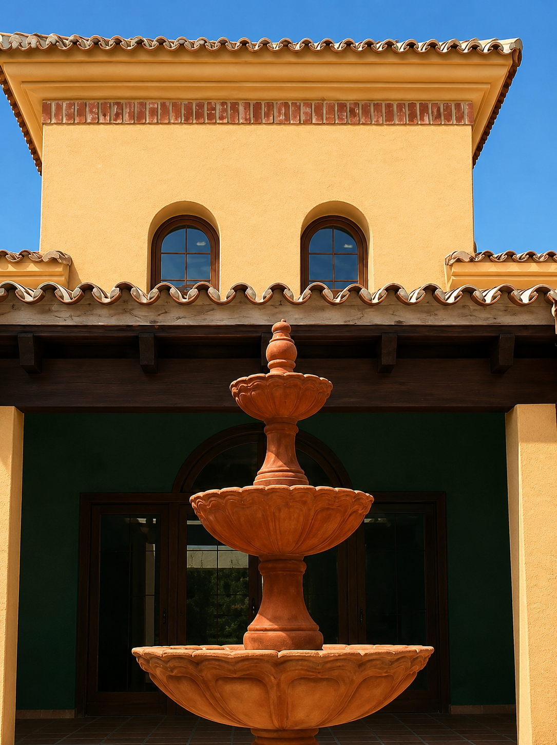 Villa con Pórtico de Columnas — Detalle de fuente de terracota en patio interior