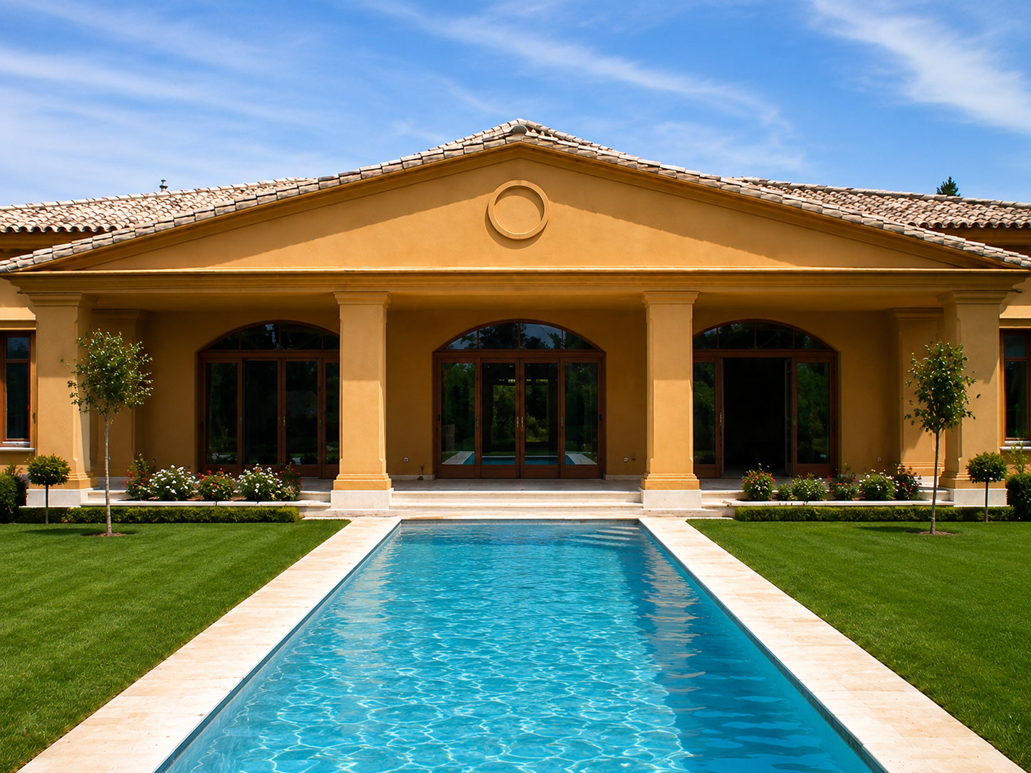 Villa con Pórtico de Columnas — fachada ocre con piscina