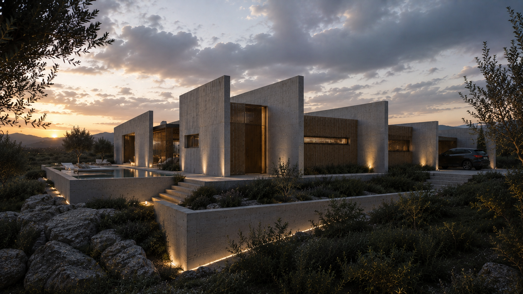 Santos Concept IV — villa de hormigón visto con piscina, render nocturno