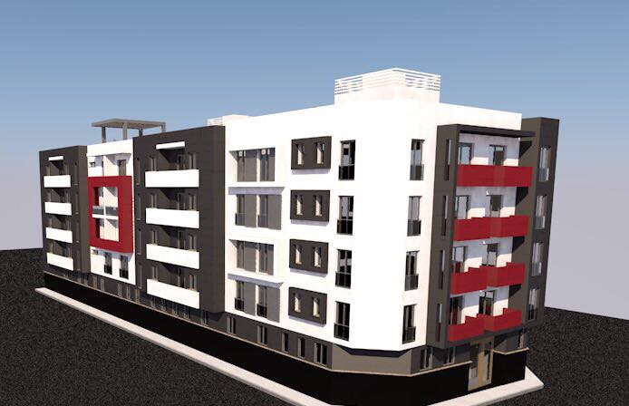 Render conjunto edificio Plaza de Toros Vieja Málaga — vista fachada trasera dos módulos