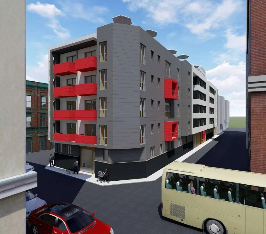 Render edificio plurifamiliar Plaza de Toros Vieja — fachada calle San Andrés con balcones rojos