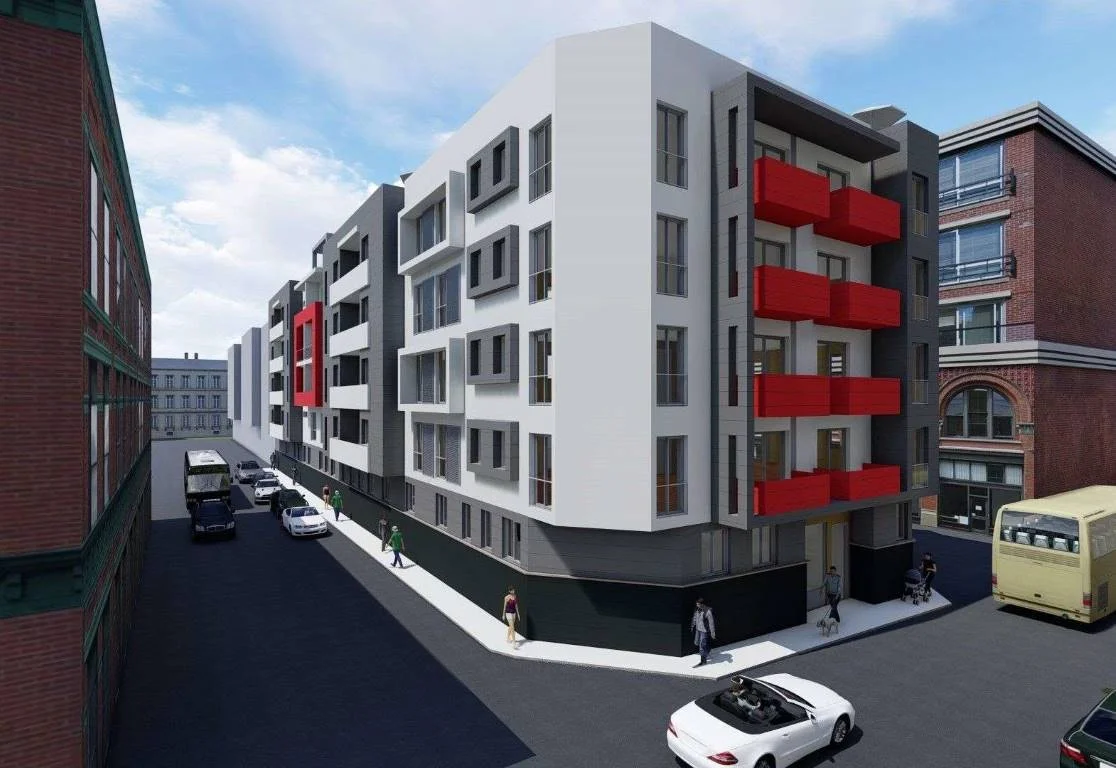 Edificio plurifamiliar Plaza de Toros Vieja Málaga — render exterior con balcones rojos