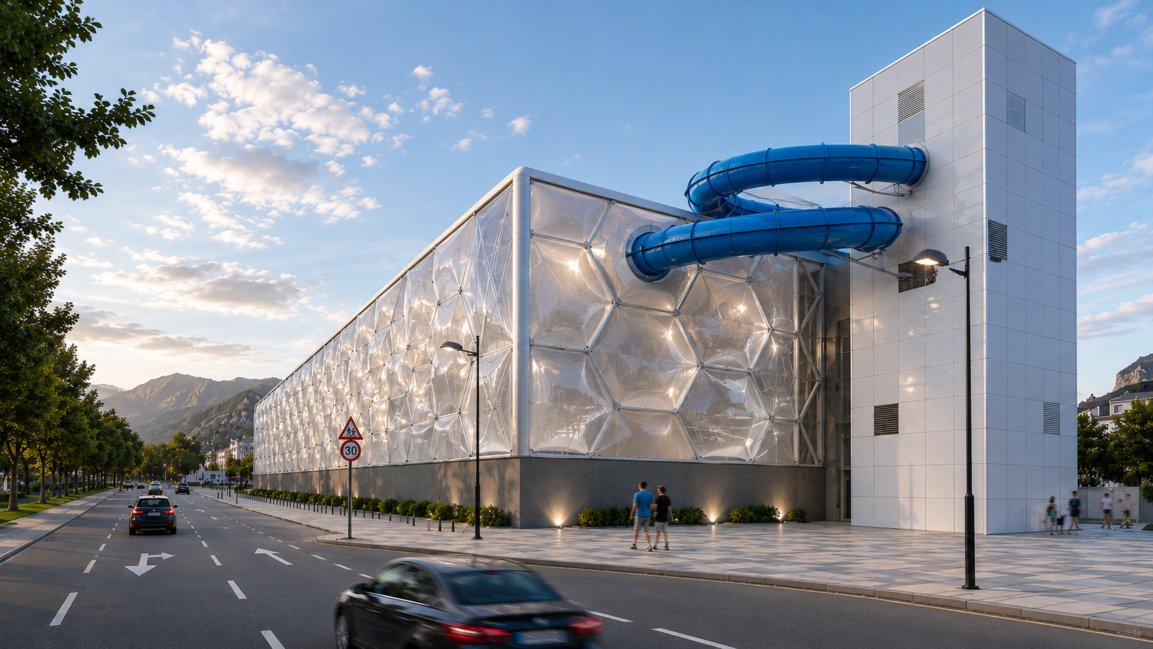 Ampliación Aquamijas — render exterior diurno del edificio de ampliación, Fuengirola