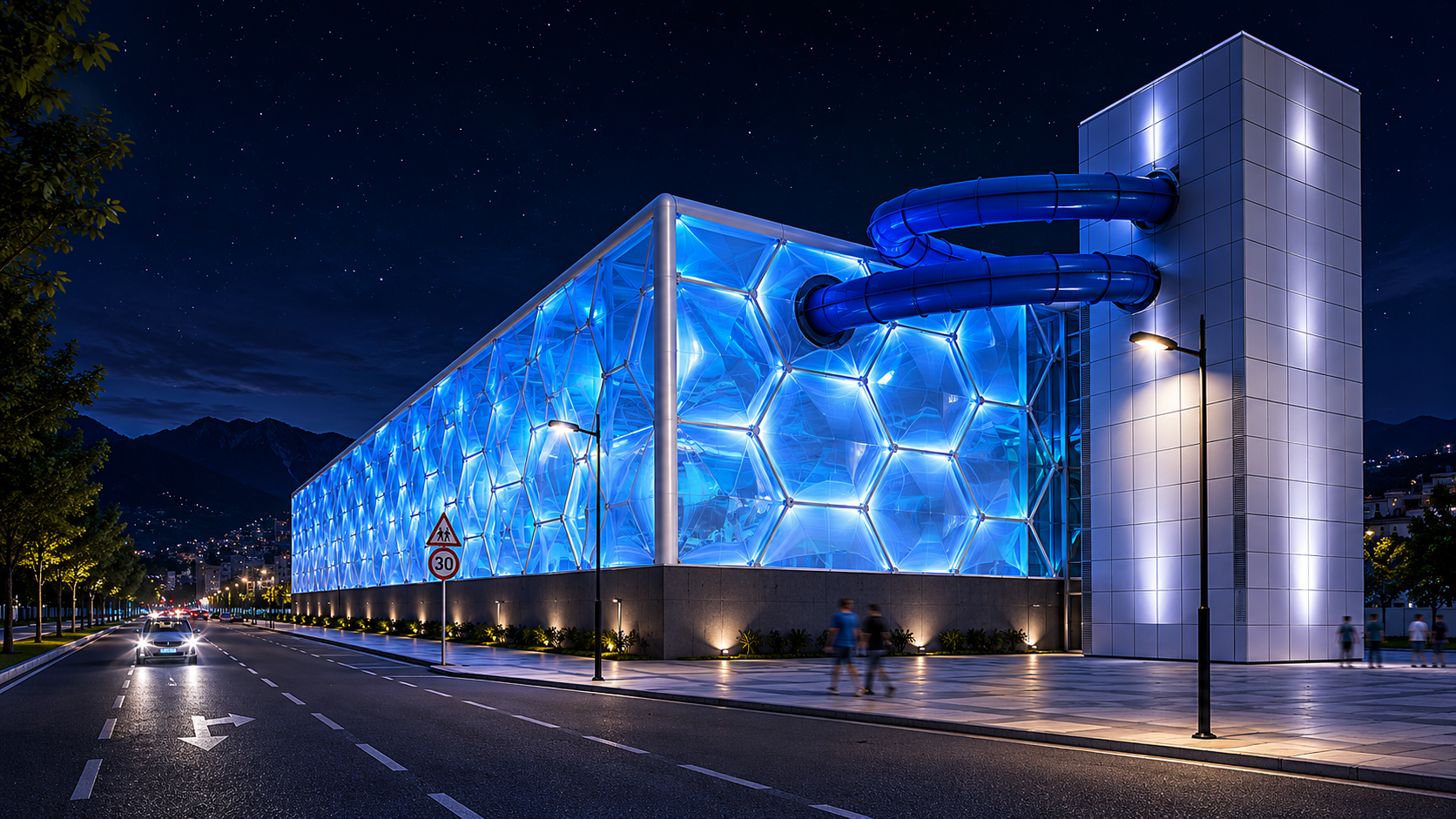 Ampliación Parque Acuático Aquamijas — render exterior nocturno, Fuengirola