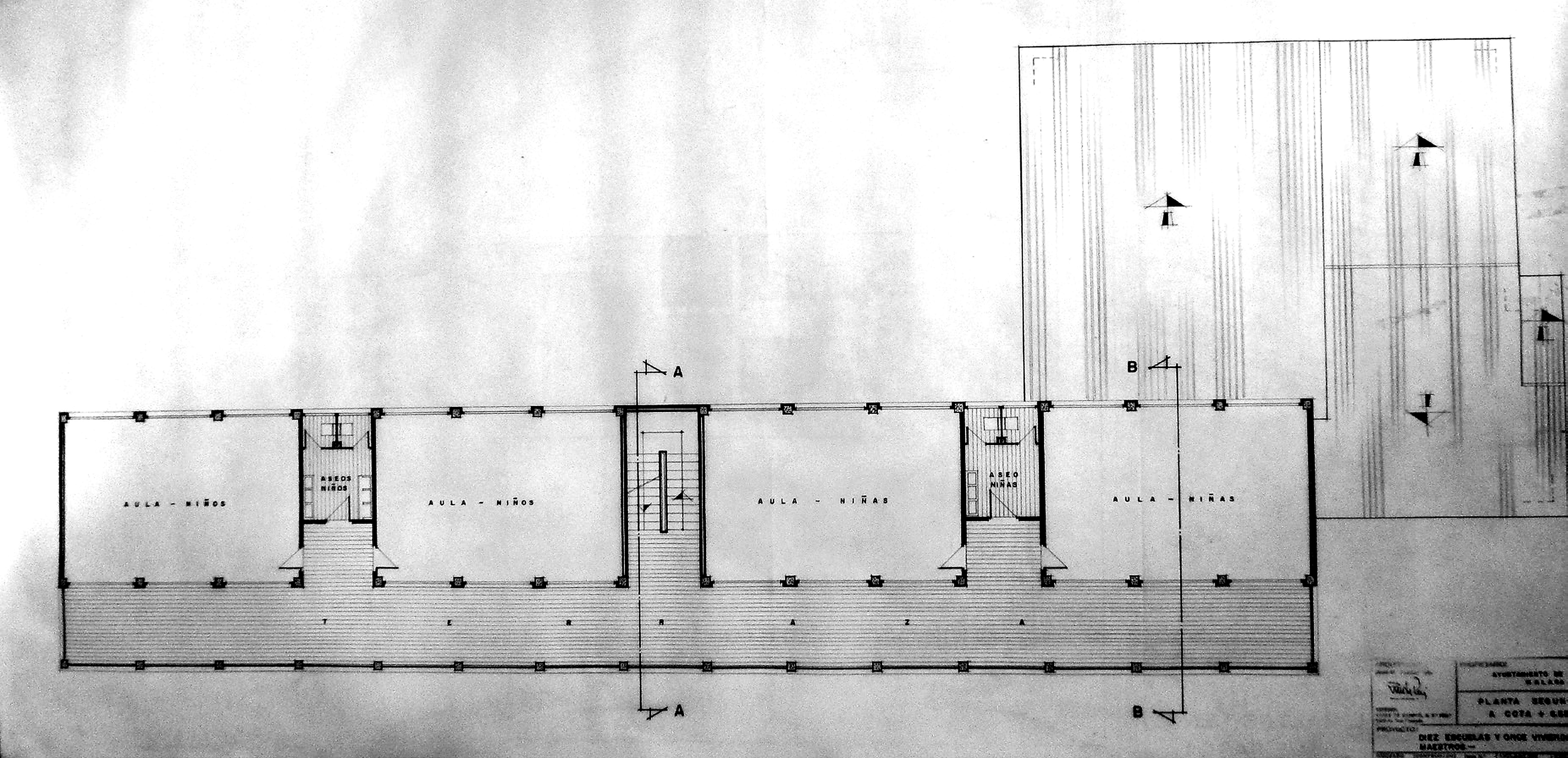 Plano del Grupo Escolar de Alfarnate — planta y alzados del proyecto original de José María Santos Rein, 1964